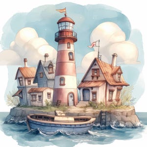 Harbor Lighthouse Clip Art 10 High Res Watercolor JPGs Junk Journals, Scrapbook, Card Making, Digital Download, Fantasy, Whimsical, Scenery