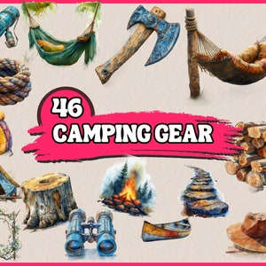 Watercolor Camping Clipart Bundle, Camp Gear Clip Art Set, Campfire, Boot, PNG Graphics, Gone Camping Illustration, Outdoor, Commercial Use
