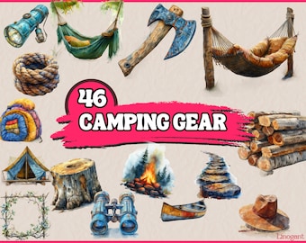 Pacchetto clipart di campeggio ad acquerello, set di clipart di attrezzatura da campeggio, falò, stivali, grafica PNG, illustrazione di campeggio andato, all'aperto, uso commerciale