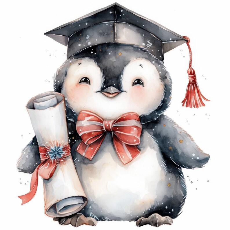 10 Graduation Penguins Clipart, Penguin With Red Scarves Illustration ...