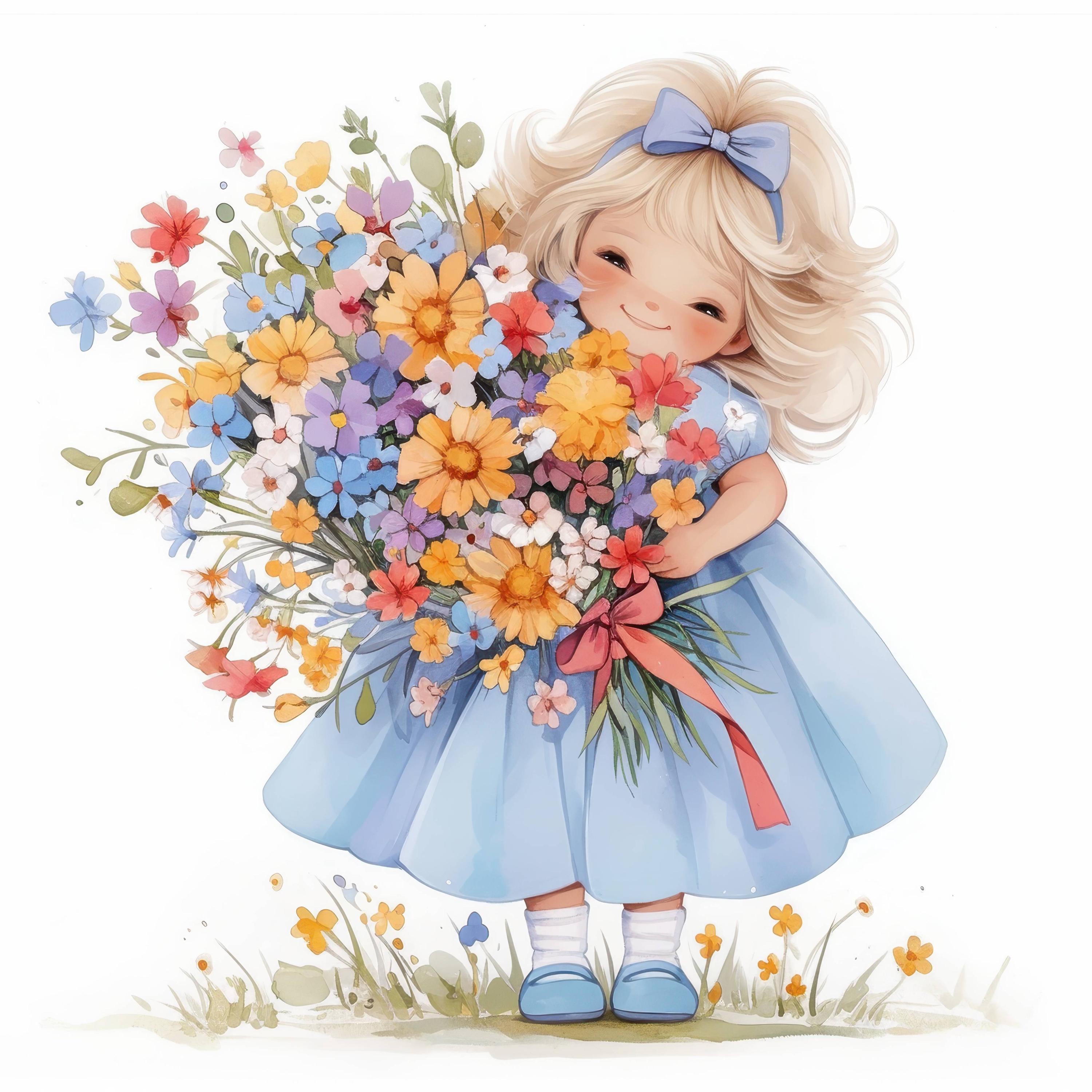 13 花束を持った女の子のクリップアートセット、ロマンチックな肖像画