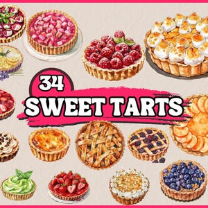 34 süße Törtchen Clipart | Torten mit Pfirsich, Erdbeere, Marmelade, Mandel, Nüssen, Beeren, Früchten, Illustrationen | Sofort Download für kommerzielle Nutzung
