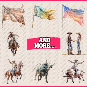 May include: A watercolor illustration set featuring a variety of images, including flags, cowboys riding horses, and a bull. The flags are in the style of the American, Ukrainian, and Philippine flags. The cowboys are wearing traditional western clothing and are riding horses. The bull is brown and white and is standing in a field. The illustrations are all in a watercolor style and are perfect for use in a variety of projects.