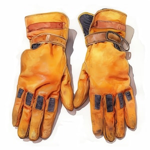 Peut inclure: Une paire de gants en cuir jaune avec des sangles en cuir marron et des accents noirs. Les gants ont une esthétique vintage, avec une usure visible. La conception comprend des sections renforcées sur les paumes et les doigts.