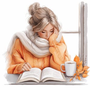 May include: Illustration of a person reading a book, wearing an orange sweater and a white scarf. A white mug with a dark beverage and autumn leaves are on the table. The person has blonde hair and is leaning on their hand.