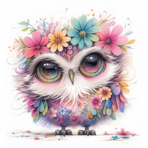 Whimsical Floral Owls Clipart 10 High Res Watercolor JPGs for Junk Journaling, Scrapbooking, Card Making, Digital Download, Fantasy, Quirky
