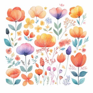 10 Colorful Abstract Flowers Clipart Bundle, Floral Illustration, Printable Watercolor Clipart, High Quality JPG, Paper Craft, Junk Journals