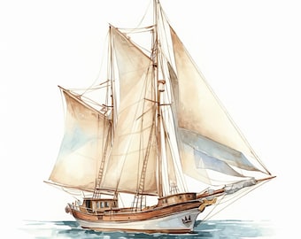 Puede incluir: Acuarela de un velero con velas beige y casco de madera marrón. El barco está sobre un mar azul claro, con las velas ondeando al viento. La obra tiene un tema náutico vintage, evocando el arte marítimo clásico.