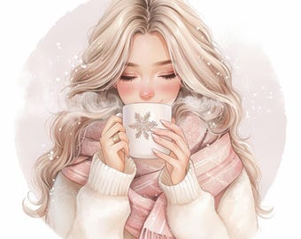 Paquete de 11 imágenes prediseñadas de damas de invierno acogedoras, ilustración de retrato de temporada, imágenes prediseñadas de acuarela imprimibles, JPG de alta calidad, manualidades de papel, diarios