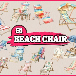 Pacote de clipart de cadeira de praia em aquarela, conjunto de clipart de espreguiçadeira à beira-mar, gráfico PNG de viagem, ilustração comercial de verão, download digital