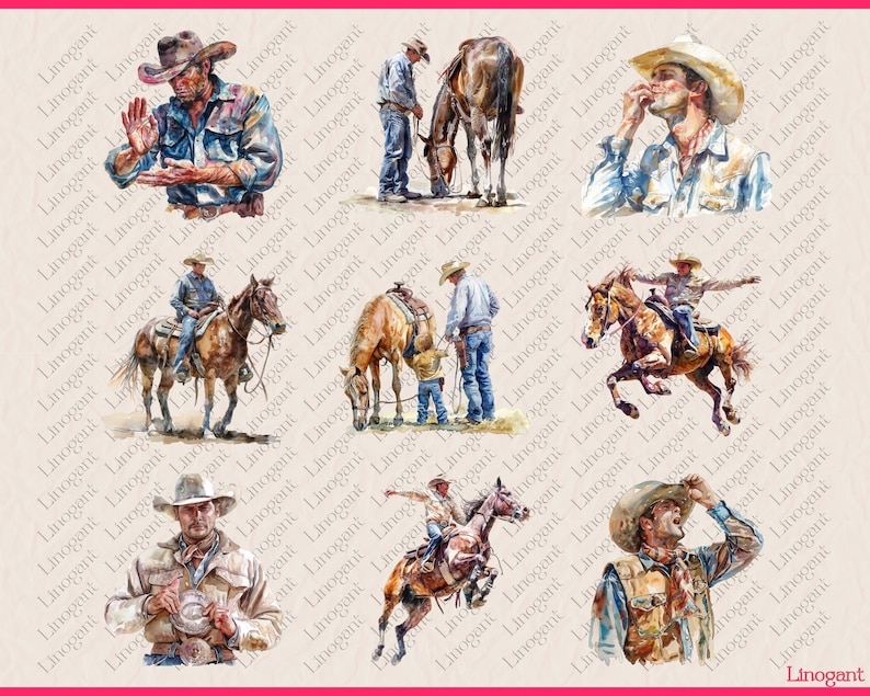 May include: A collection of six watercolor paintings featuring cowboys and horses. The paintings are in a rustic style and feature a variety of poses and expressions. The cowboys are wearing traditional clothing, including hats, boots, and vests. The horses are brown and white and have flowing manes and tails.