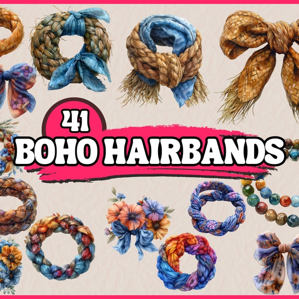 Watercolor Boho Hairbands Clipart Bundle, Bohemian Ornament Clip Art Set, Ribbon, Beads, Bohemian Fashion, PNG Graphic, Digital Illustration