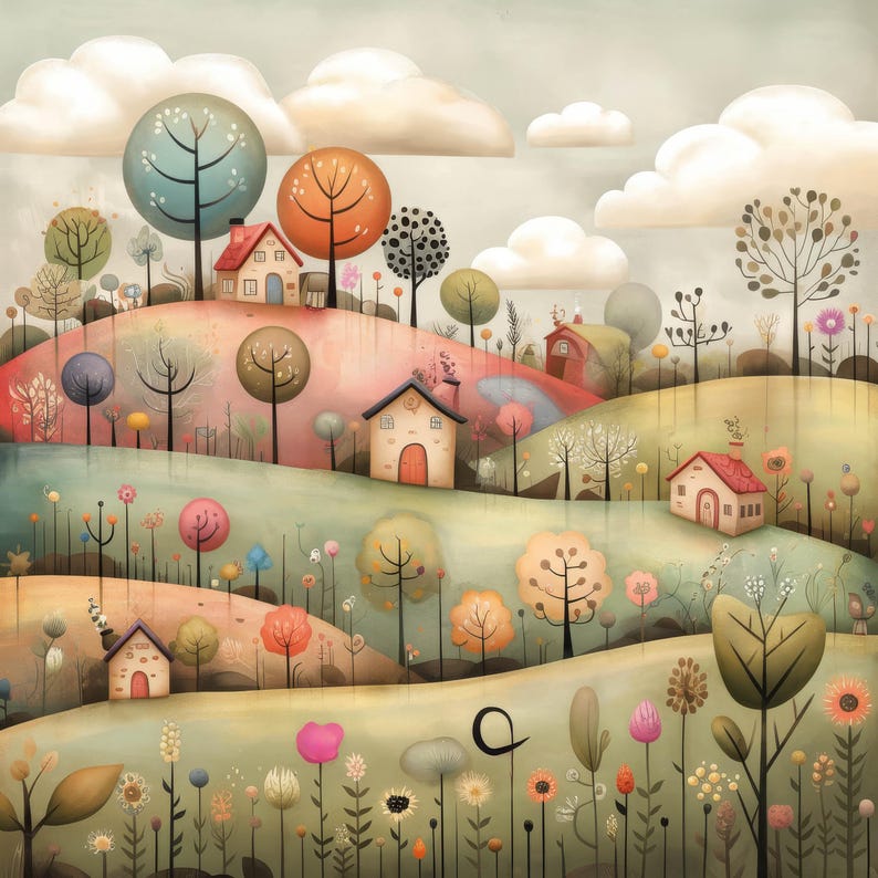 May include: A whimsical illustration of a colorful landscape with houses, trees, and flowers. The houses are painted in shades of yellow, red, and brown, and the trees are a mix of green, blue, and orange. The flowers are a variety of colors, including pink, purple, and yellow.