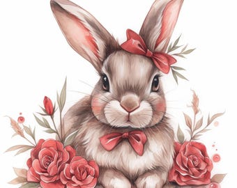 19 Rose Bunny Clipart Bundle, Floral Rabbit Illustration, Printable Watercolor Clipart, High Quality JPG, Paper Craft, Junk Journals