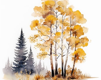 May include: Watercolor painting of a forest scene featuring tall trees with yellow and orange foliage. Dark green evergreen trees are on the left. The artwork has a soft, blurred style with a white background.