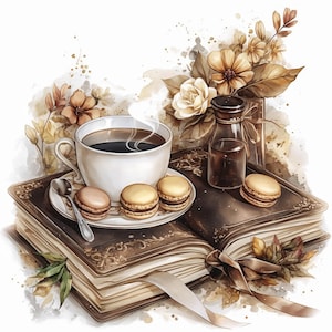 Pacchetto di 19 Clipart di tè e libri, illustrazione di una bevanda per la lettura accogliente, Clipart acquerello stampabile, JPG di alta qualità, creazioni di carta, diari