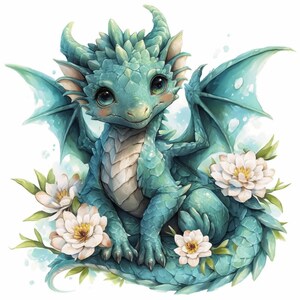 May include: A watercolor illustration of a friendly, teal dragon with large, expressive eyes and delicate wings. The dragon is surrounded by white flowers with yellow centers and green leaves, creating a whimsical and enchanting scene.
