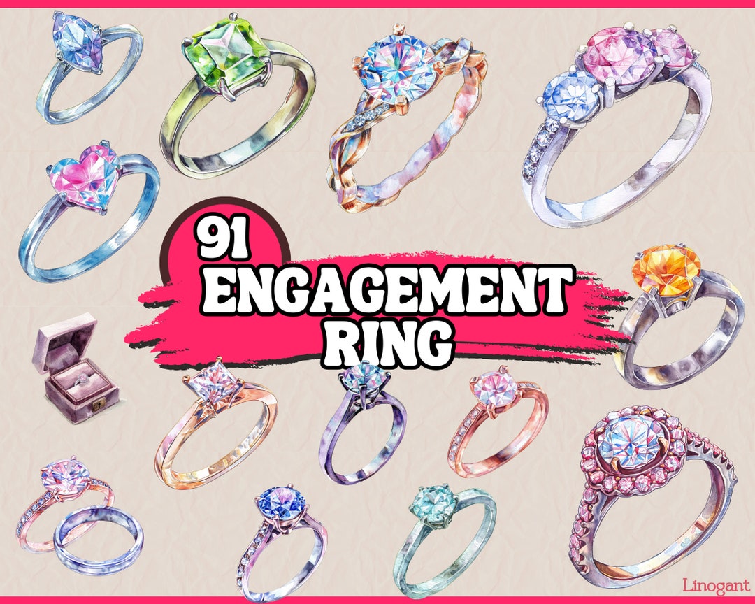 Watercolor Engagement Ring Clipart Bundle, Golden, Sapphire, Topaz ...