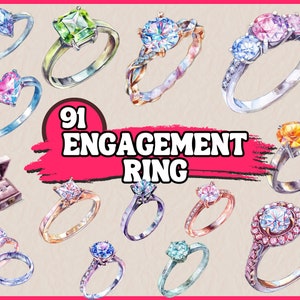 Bundle aquarelle de cliparts de bague de fiançailles, doré, saphir, topaze, baguette, diamant, boîte Clip Art, mariage graphique PNG imprimable