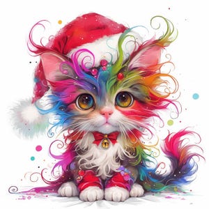 Whimsical Christmas Cat Clip Art 12 High Res Watercolor JPGs For Junk Journals, Scrapbooking, Card Making, Digital Download, Fantasy, Quirky