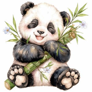 以下が含まれることがあります： 笑顔のパンダの白黒の毛皮の水彩イラスト。緑色の竹の茎を持っています。パンダは緑の葉と小さな青い花に囲まれ、陽気で気まぐれなデザインを作り出しています。