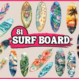 Watercolor Surfboard Clipart Bundle, Summer PNG Clip Art Set,surfing ...