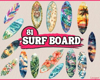 Watercolor Surfboard Clipart Bundle, Summer PNG Clip Art Set,Surfing,Surfer, Palm Tree, Beach, Ocean, Wave Pattern Commercial Illustration