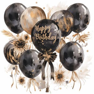 19 Black And Gold Balloon Clipart Bundle, Party Illustration, Printable Watercolor Clipart, High Quality JPG, Paper Craft DIY, Junk Journals