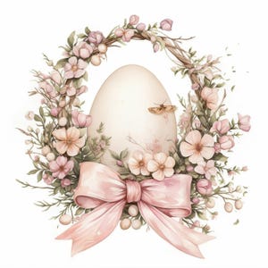 May include: A watercolour illustration of an Easter egg encircled by a wreath of pink flowers and foliage. A large pink bow is at the base of the egg. A small butterfly rests on the egg's surface. The design is set against a white background.