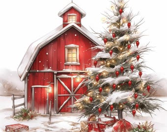 11 Christmas Red Barn Clipart Bundle, Festive Farm Scene Illustration, Printable Watercolor Clipart, High Quality JPG, Paper Craft, Journals