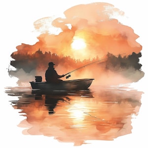 Puede incluir: Pintura a la acuarela de una persona pescando desde un bote al atardecer. La escena presenta una silueta de la persona y el bote sobre un fondo de tonos naranja y amarillo, con el sol poniéndose sobre una línea de árboles.