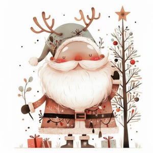 13 Santa With Christmas Tree Clipart Bundle, Xmas Illustration, Printable Watercolor Clipart, High Quality JPG, Paper Craft, Junk Journals
