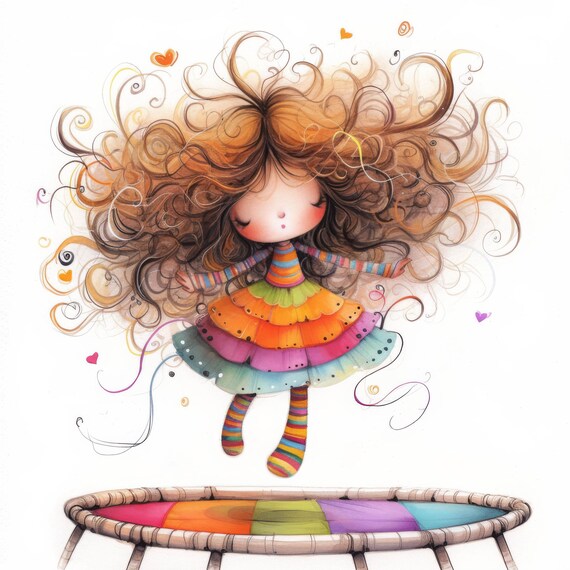 Quirky Jumping Girl Clip Art 10 High Res Watercolor Jpgs Junk