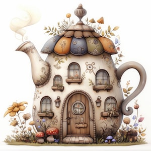 May include: A whimsical teapot house with a brown door, windows, and a chimney. The teapot is decorated with floral patterns and has a blue, green, and orange lid. The house is surrounded by flowers and mushrooms.