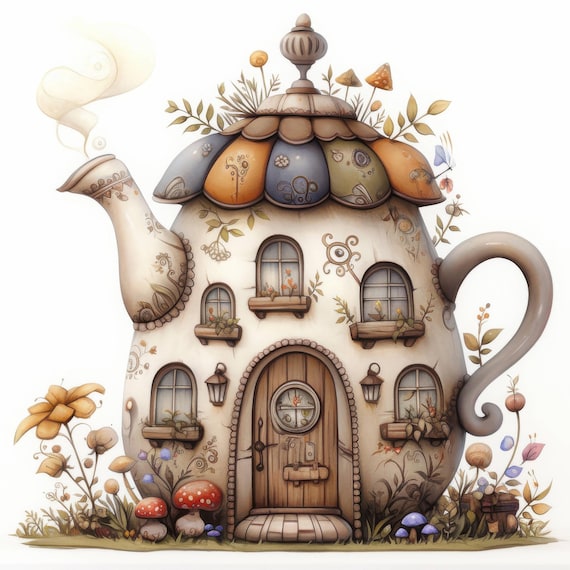 Whimsical Teapot House Clip Art 10 High Res Watercolor Jpgs Junk