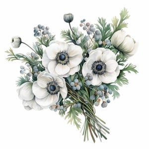 May include: Watercolor illustration of a bouquet of white anemone flowers with dark blue centers and accents of blue berries and green foliage. The flowers are tied together with brown stems, creating a natural and elegant floral arrangement.