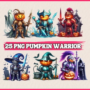 May include: 25 PNG images of pumpkin warriors in various poses and costumes. The warriors are wearing armor, helmets, and holding weapons. Some are holding pumpkins. The images are set against a pink background with the text "25 PNG PUMPKIN WARRIOR".