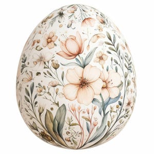 May include: A decorative Easter egg with a floral design. The egg is covered in a pattern of peach and cream-colored flowers, green leaves, and delicate stems. The overall aesthetic is soft and watercolor-like.