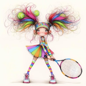 Quirky Tennis Fantasy Clip Art 11 High Res Watercolor JPGs For Junk Journaling, Scrapbooking, Card Making, Digital Download Kit, Whimsical
