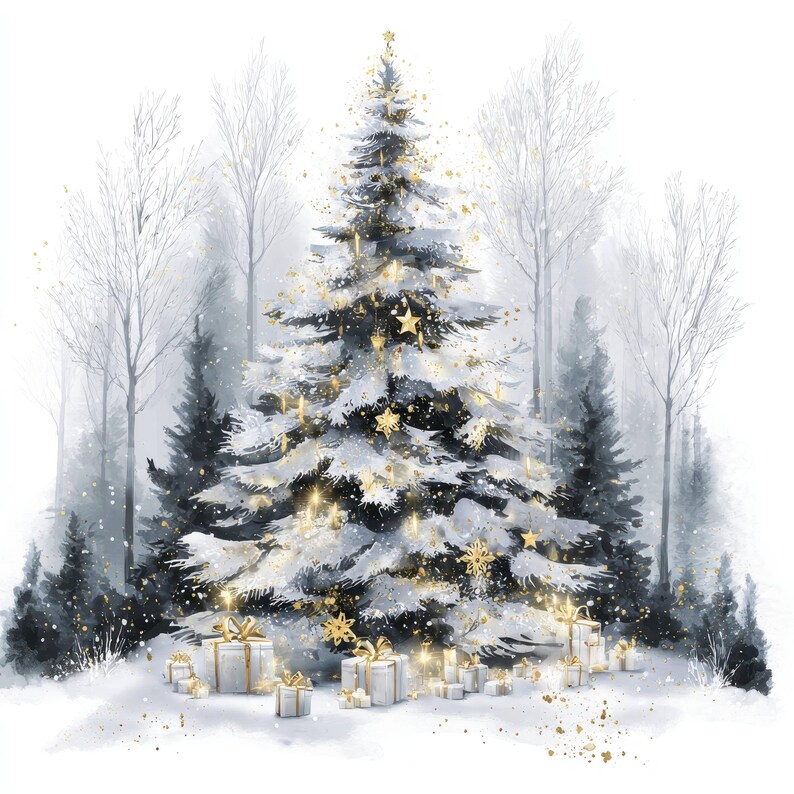 16 Snowy Pine Tree Forest Clipart, Winter Woodland Landscape ...