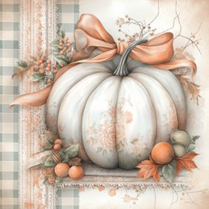 Puede incluir: Una calabaza blanca con un patrón floral y un lazo de color melocotón se sienta sobre un mantel de encaje con follaje de otoño y fruta.
