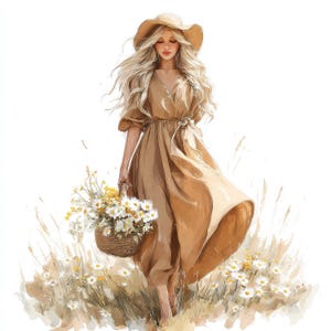 Puede incluir: Ilustración de una persona con un vestido fluido color beige y un sombrero de ala ancha, llevando una cesta de margaritas. La persona tiene el pelo largo y rubio y camina por un campo de flores silvestres. La estética general es suave y romántica.