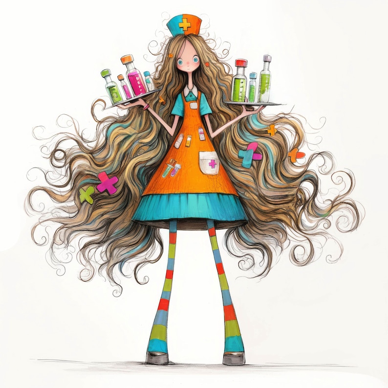 Puede incluir: Una ilustraci&oacute;n de dibujos animados de una enfermera con el pelo largo y casta&ntilde;o que lleva un vestido azul y naranja, un gorro de enfermera blanco con una cruz roja y medias a rayas de colores. Lleva una bandeja con botellas de colores.