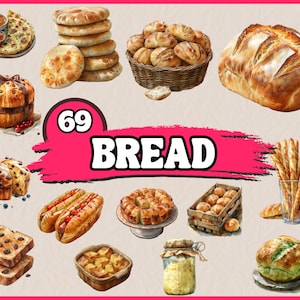 Pacote de clipart de pão aquarela, conjunto de clipart de comida de café da manhã, padaria, baguete, pão fresco, gráfico PNG de cesta trançada, adesivo de menu de comida