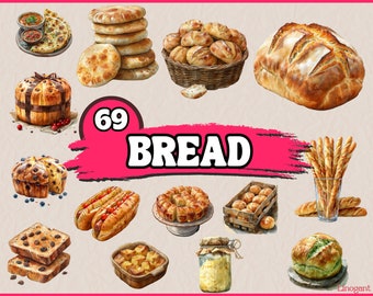 Aquarell Brot Clipart-Bundle, Frühstück Essen Clip Art Set, Bäckerei, Baguette, frischer Brotlaib, gewebter Korb PNG-Grafik, Menüaufkleber