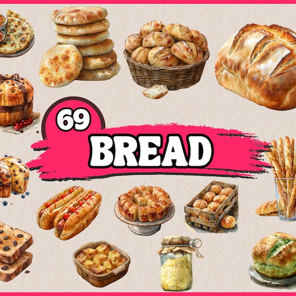 Watercolor Bread Clipart Bundle, Breakfast Food Clip Art Set, Bakery, Baquette, Fresh Bread Loaf, Woven Basket PNG Graphic,Food Menu Sticker