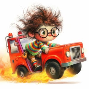 May include: A cartoon illustration of a child with brown hair wearing glasses and a striped shirt driving a red toy fire truck with flames coming out from under the wheels.
