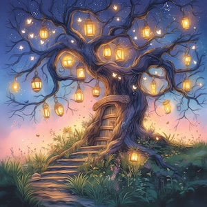 21 Fairy Tale Tree With Lanterns Clipart, Commercial Use, Whimsical, Watercolor JPGs, Instant Download, Fantasy Junk Journal, Paper Craft