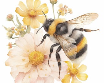 Op de afbeelding: Waterverfillustratie van een hommel met zwart-gele strepen, gespreide vleugels, in de buurt van gele en witte bloemen. De bloemen hebben gele centra en zijn omgeven door groene stelen en bladeren. Het kunstwerk heeft een zachte, natuurlijke esthetiek.
