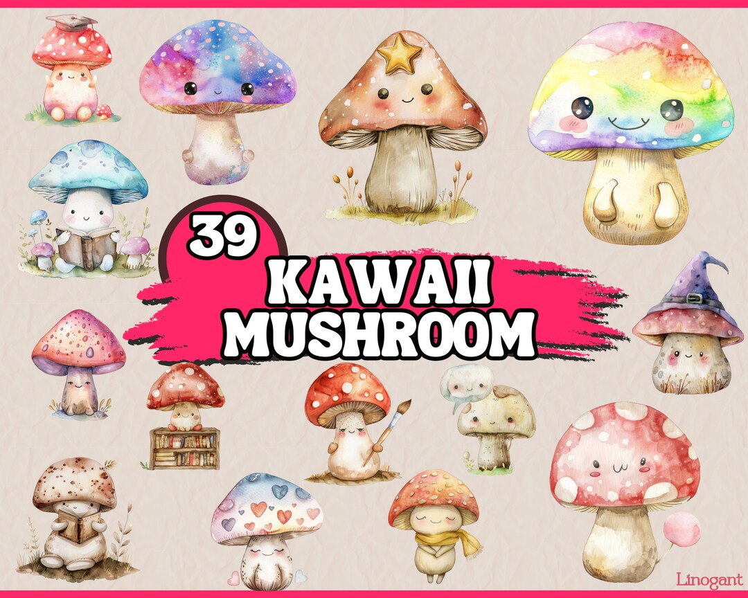 Watercolor Kawaii Mushroom Clipart Bundle, Cute Fungi Vegetable Clip ...